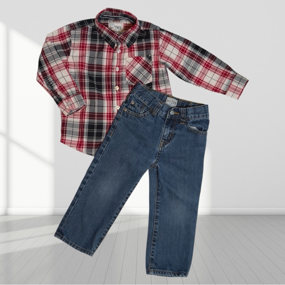The Children Place Kids Plaid Long-Sleeve shirt with jeans Clothing Set Size 2T - Picture 2 of 13